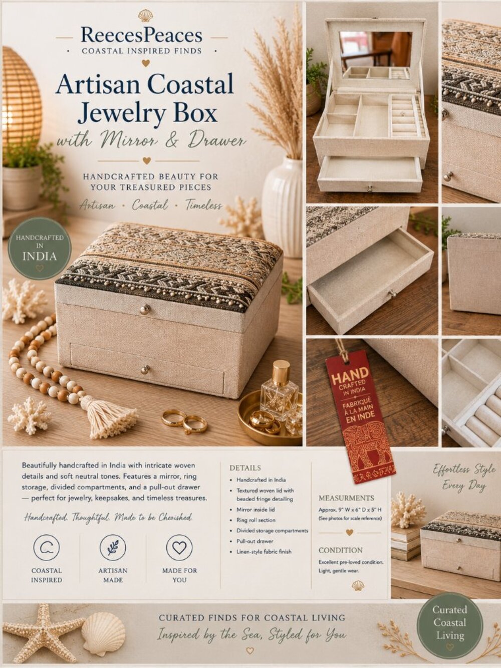 Artisan Coastal Jewelry Box with Mirror & Drawer